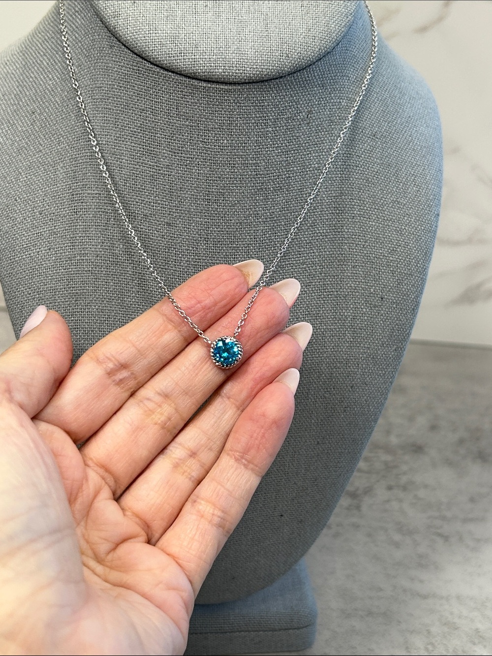Blue Crystal Pendant Necklace - Silver Tone